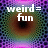 Pixelated image with white text 'weird=' above 'fun' over a multicolored gradient background featuring purple, green, and brown hues.