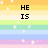 Pixelated text on a rainbow striped background with scattered white sparkles.