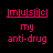 pixelated text icons with pink 'imusic' and red 'my anti-drug' on black backgrounds, some showing color variations in the lower text