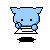 Pixelated blue cat-like character with rounded ears and small black eyes, standing on a white platform with black shadow, holding a blue object near its face.