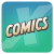 Pixelated icon with gradient background transitioning from blue to teal, featuring stylized text reading 'COMICS' in beige and black outline.