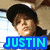 Four- shows a person in various poses with text overlays: blue 'JUSTIN' and green 'Bieber' on lower , purple sweater pose on top-right