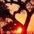 Animated heart-shaped icons glow on a tree branch against a sunset sky with a bright sun.