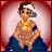 Pixelated cartoon character with brown hair, white headband, yellow necklace, blue armband, and dark pants against red background.
