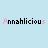 Light blue background with four of 'Annahlicious' text in black and pink pixelated font, each containing four identical text repetitions