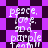 Pixelated text 'peace, love, and purple' repeats across a checkered background with shifting diamond shapes.