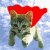A pixelated cat with greenish-gray fur wears a bright red triangular hat against a blue and white pixelated background.