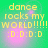 Green background with yellow text reading 'dance rocks my WORLD!!!!! :D:D:D:D' and pink pixelated light effects.