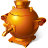 Pixelated golden-brown samovar with rounded body, small spout, and handle, rendered in low-resolution style against gray background.