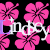 Animated icon with repeating pink hibiscus flowers on black background, white text 'Lindsey' with purple accents and small plus symbols.