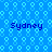 Blue background with repeating light blue pixelated patterns and four instances of the word 'Sydney' in dark blue text.