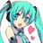Pixelated anime-style character with turquoise pigtails and closed eyes, wearing a gray outfit with a blue tie, holding pink hearts against a white background.