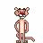 Pixelated cartoon of a pink panther character standing with hands on hips against white background, accompanied by text "The Pink Panther" in purple pixel font.