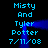 Blue pixelated text on black background with animated blue light effects, displaying names and date in two vertical
