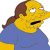 Pixelated character with yellow skin, brown ponytail, blue shirt, and black mouth expression against white background.