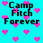 Cyan background with scattered pink pixelated hearts and black text reading 'Camp Fitch Forever' in four identical quadrants.