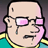 Pixelated cartoon character with pink-tinted glasses, bald head, and a teal-and-yellow striped shirt against a purple gradient background.