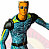 Pixelated figure in blue and black suit with yellow accents, orange face, and dark sunglasses, standing with arms extended against white background.