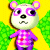 Pixelated cartoon bear with pink and purple eyes, black nose, and downturned mouth, wearing a pink checkered shirt with red heart, against yellow and green background.