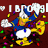 Donald Duck in blue sailor suit with white gloves and yellow beak, surrounded by confetti on dark red background, text changes across frames.