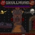 Pixelated avatar with 'SKULLMUND' text above a purple bar, featuring a central figure against dark starry background with celestial objects.