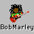 Pixelated icon of a person with dark curly hair playing a red electric guitar, wearing a green shirt, with text below reading "BobMarley".