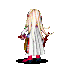 Pixelated character with long blonde hair in white dress and red boots holding red object, shown in three sequential poses against gray background.