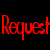 Pixelated text reads 'Request bors' in red and blue, with 'Here' below in gradient colors on black background.
