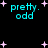 Black background with cyan text reading 'pretty. odd' and scattered pink plus-shaped stars in four quadrants.