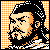 Pixelated 50x50 static icon of a man's face with black hair, beard, and mustache against an orange-and-white checkered background.