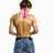 A shirtless man in blue jeans viewed from behind, with pink pixelated text above his head changing across frames.
