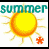 Animated sequence of a yellow sun with orange outline and radiating rays, accompanied by changing text phrases about summer.