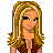 Pixel art of a female character with long blonde hair, brown top, and blue jeans, shown in multiple views with text elements below.