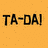 Pixelated cartoon bear in red shirt waves with both arms against orange background, next to black text 'TA-DA!'