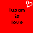 Red background with pixelated white heart symbol above black text reading 'lusam is love' repeated twice.