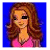 Pixelated cartoon-style icon of a woman with long brown hair wearing a pink top against a blue background, showing two states: left eye closed and right eye open.