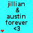 A static image with cyan background displaying repeated text 'jillian & austin forever <3' and red heart symbols in varying quantities.