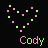 Two side-by-side pixel art hearts made of pink and green squares with the name 'Cody' below each, showing color swap animation.