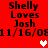 Red background with black text reading "Shelly Loves Josh" and date "11/16/08", featuring two white pixelated hearts that change from solid to outlined.