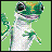 A 3x2 contact sheet of a pixelated green gecko mascot in various poses and text frames with orange and green lettering on light green backgrounds.