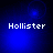 Four blue-toned display the word 'Hollister' in white pixelated text with varying light effects across each