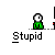 A pixelated green character with a white head and red eyes stands under a 'WARNING DON'T PUSH' sign, then transforms into a green cloud-like shape before dissipating into small particles.