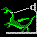 Green pixelated dinosaur in a white frame with gray base, performing sequential animation cycles including standing, walking, and head movements.