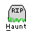 Pixelated icon shows a tombstone with 'RIP' and green grass, a white figure with green arms, and 'Haunt' text below.