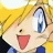 Pixelated anime-style character with blonde hair, blue eyes, and open mouth showing tongue, next to black background with white text.
