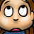 Pixelated cartoon face with large white eyes, black pupils, and a small mouth; brown hair visible on sides; blue clothing at bottom.