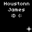 Pixelated black-and-white animation of 'Houstonn James' text with a sad face emoticon, featuring changing symbols above the text across frames.