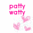 Pixelated pink text 'patty watty' above three pixelated hearts on a white background with light blue speckles.