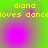 Yellow pixelated text 'diana' and 'loves dancdoves dance' on a green and purple gradient background with shifting circular light effects.