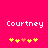 Pixelated text 'Courtney' above five flower icons on a solid pink background, with one orange flower in the center.